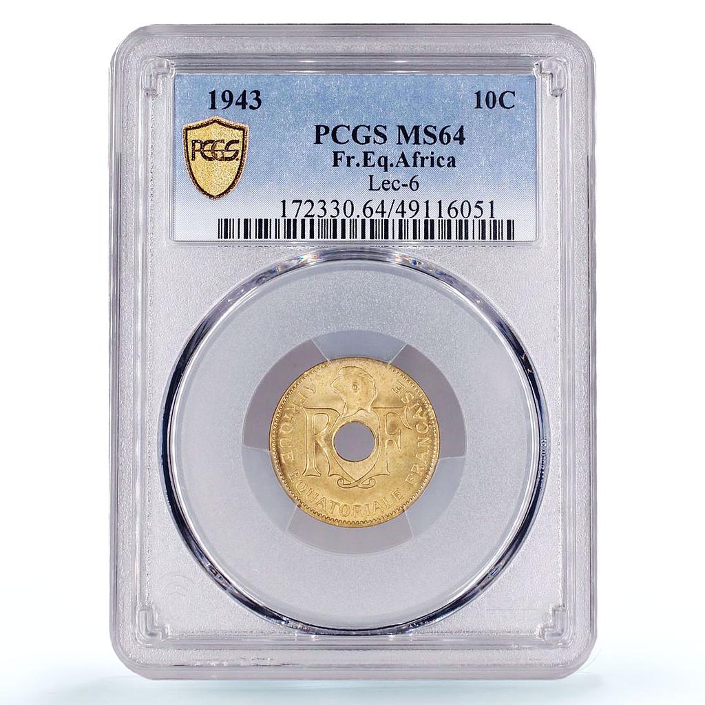 France East Africa 10 centimes Republic Coinage KM-4 MS64 PCGS brass coin 1943