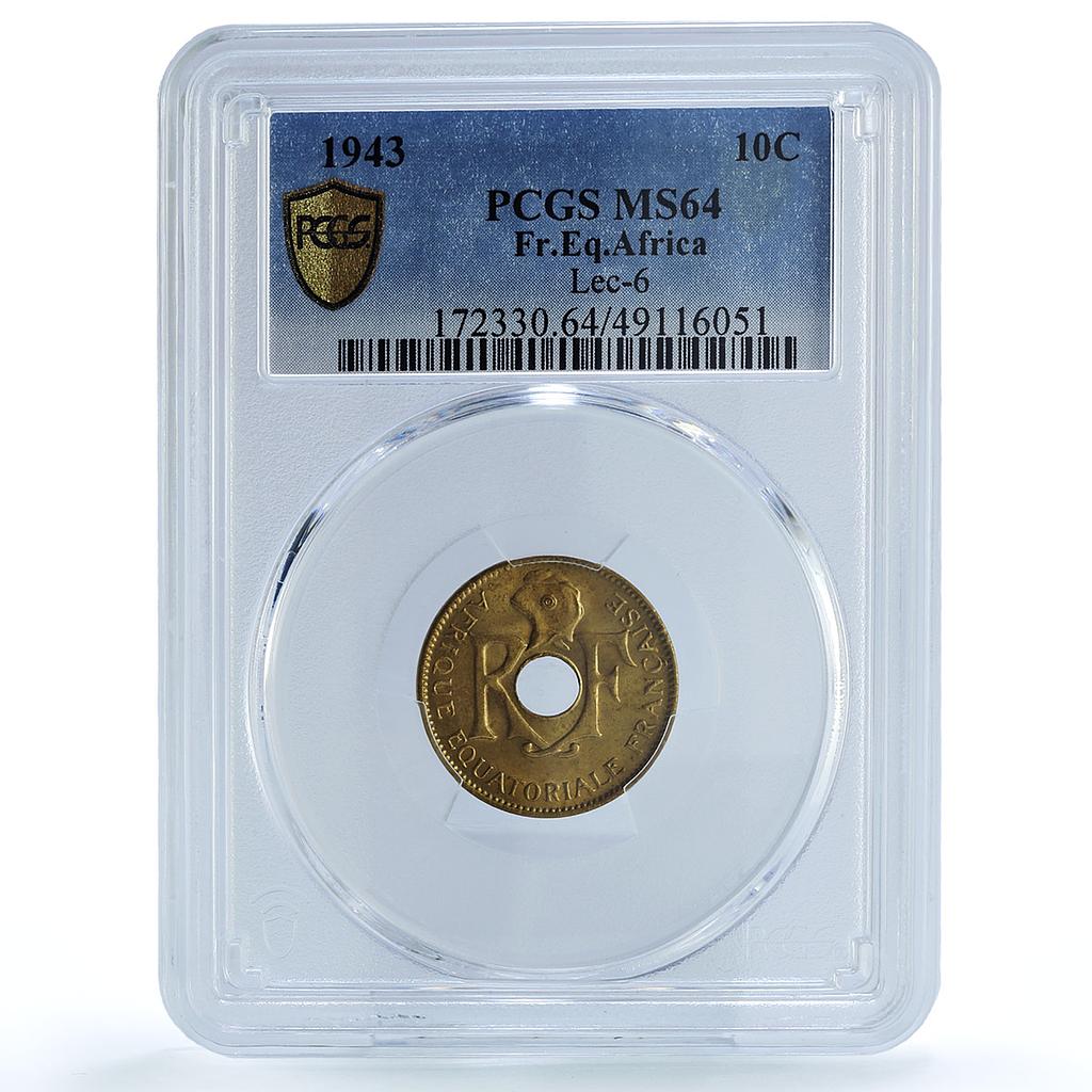 France East Africa 10 centimes Republic Coinage KM-4 MS64 PCGS brass coin 1943 France East Africa 10 centimes Republic Coinage KM-4 MS64 PCGS brass coin 1943