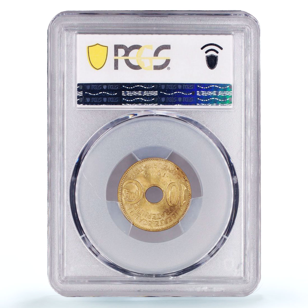 France East Africa 10 centimes Republic Coinage KM-4 MS64 PCGS brass coin 1943