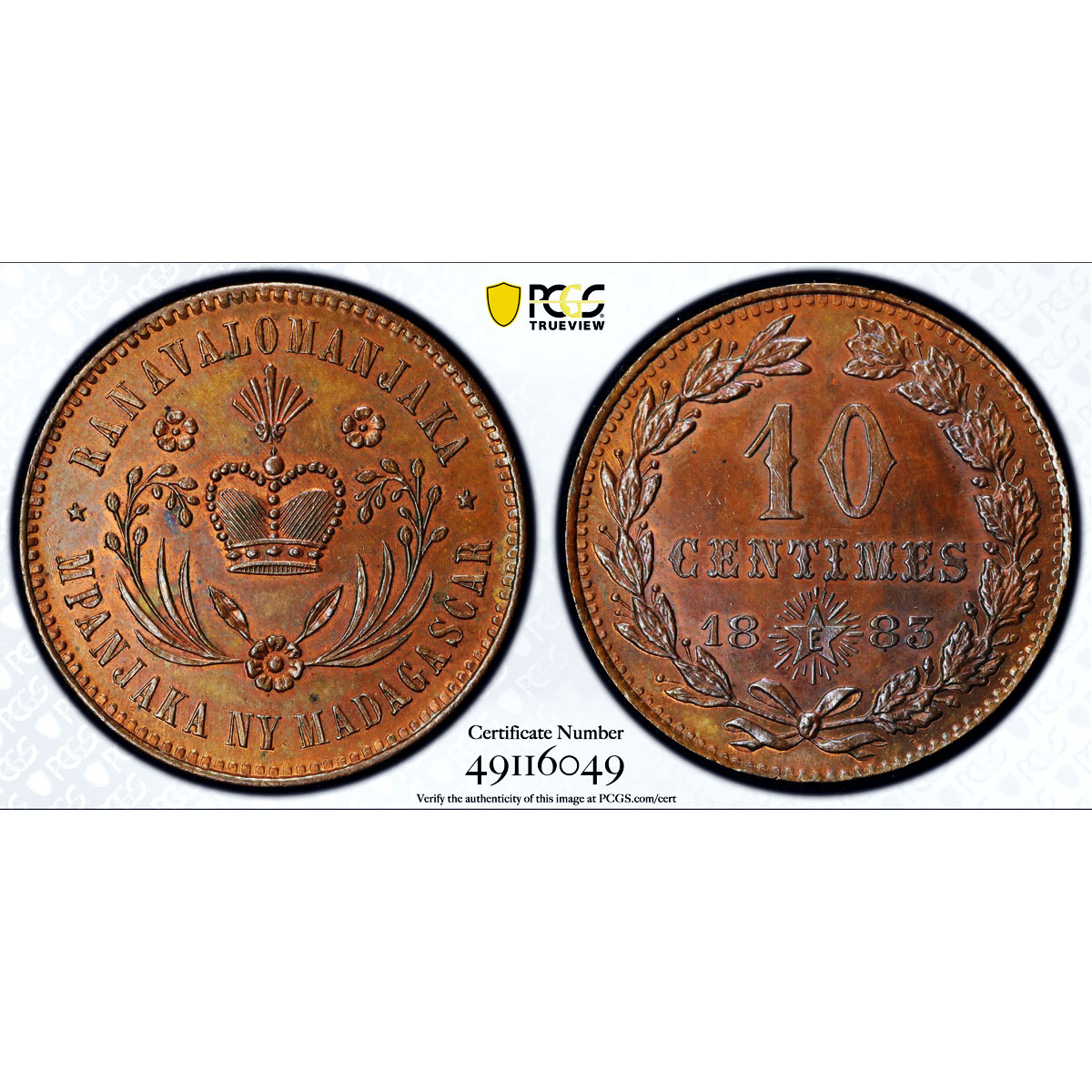 Madagaskar 10 centimes Ranavalona III ESSAI TRIAL SP63 PCGS bronze coin 1883