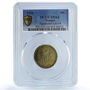 Senegal 50 centimes Ziguinchor Coinage Palm Tree MS64 PCGS brass coin 1921