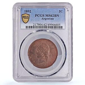 Argentina 2 centavos Republic Coinage Libertad KM-33 MS62 PCGS bronze coin 1892