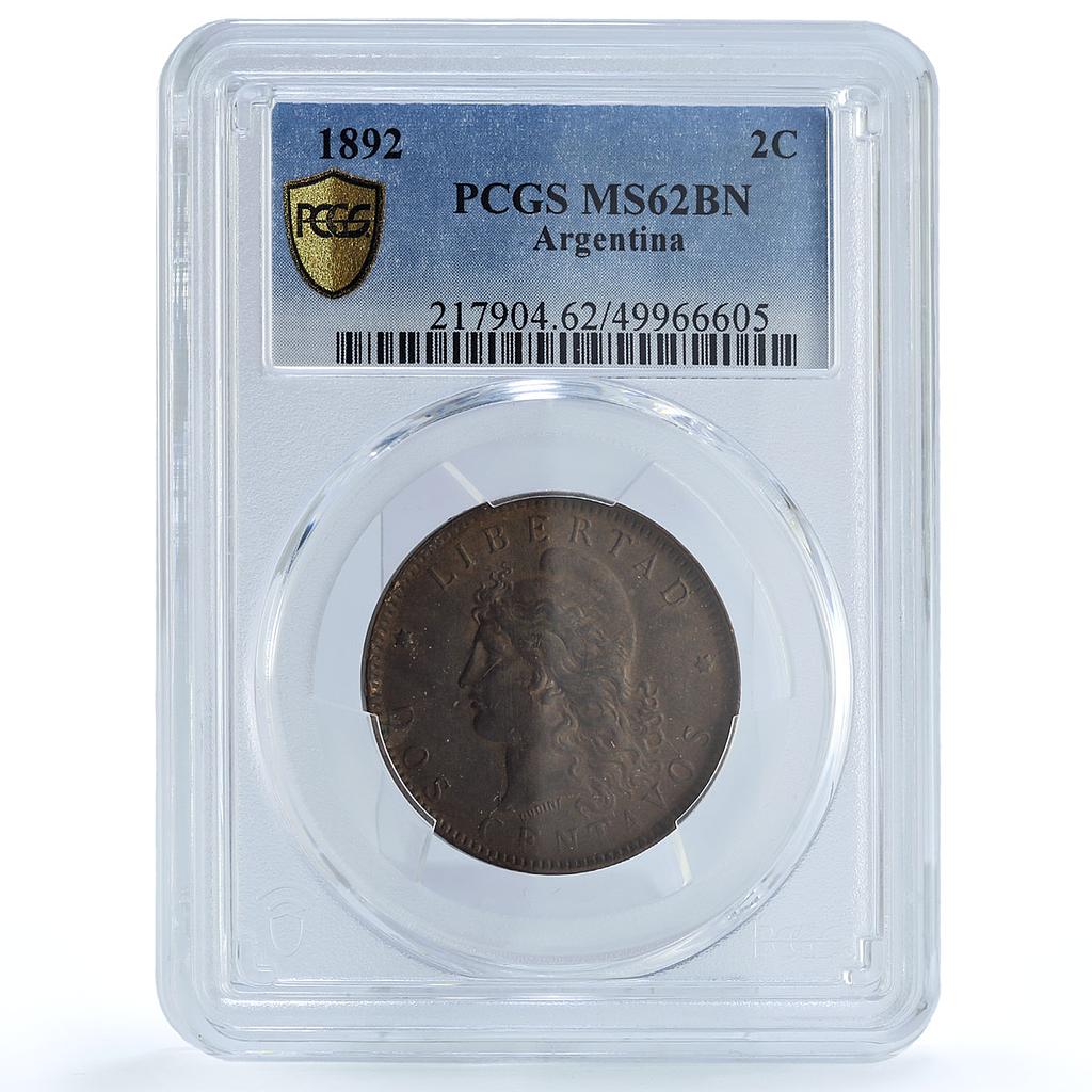 Argentina 2 centavos Republic Coinage Libertad KM-33 MS62 PCGS bronze coin 1892