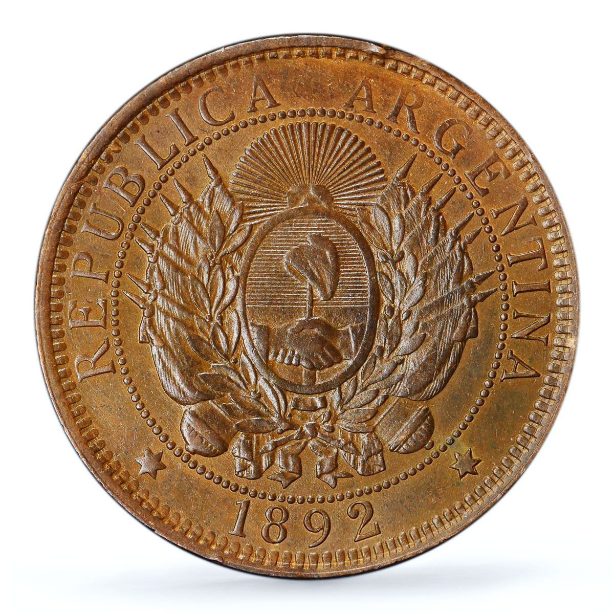 Argentina 2 centavos Republic Coinage Libertad KM-33 MS62 PCGS bronze coin 1892