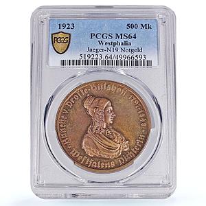 Germany Westphalia 500 mark Annette Hulshoff Horse MS64 PCGS brass coin 1923