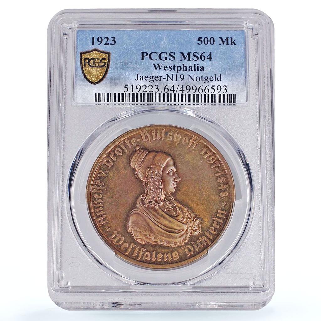 Germany Westphalia 500 mark Annette Hulshoff Horse MS64 PCGS brass coin 1923