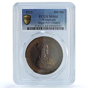 Germany Westphalia 500 mark Annette Hulshoff Horse MS64 PCGS brass coin 1923