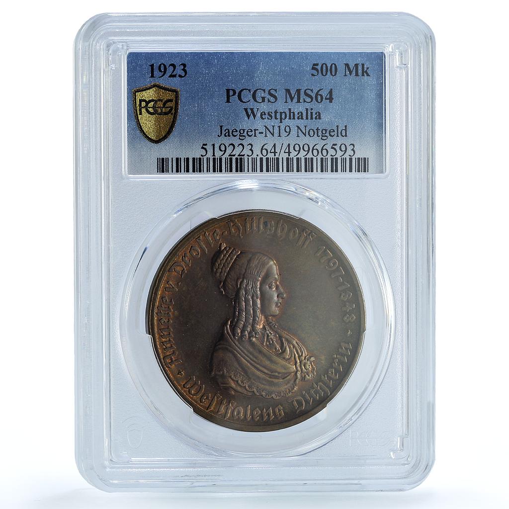 Germany Westphalia 500 mark Annette Hulshoff Horse MS64 PCGS brass coin 1923 Germany Westphalia 500 mark Annette Hulshoff Horse MS64 PCGS brass coin 1923