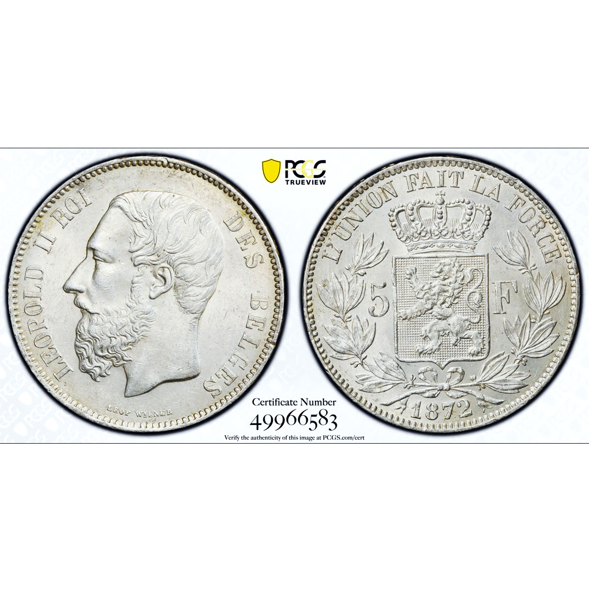 Belgium 5 francs King Leopold II Coinage KM-24 UNC PCGS silver coin 1872