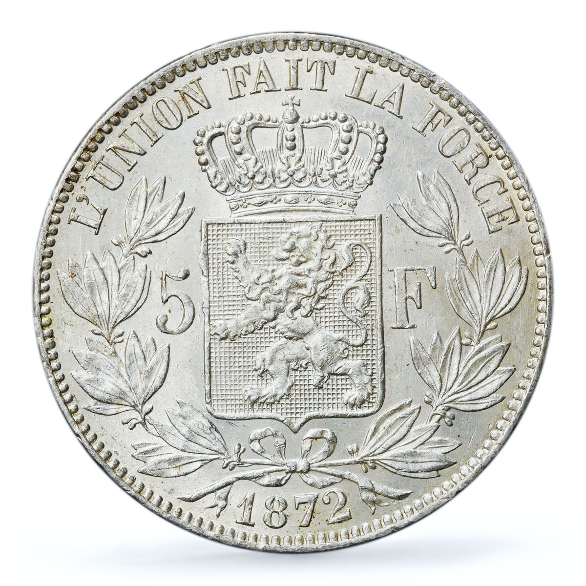 Belgium 5 francs King Leopold II Coinage KM-24 UNC PCGS silver coin 1872