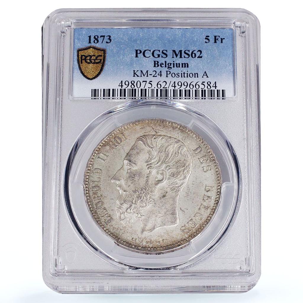 Belgium 5 francs Leopold II Coinage Position A KM-24 MS62 PCGS silver coin 1873