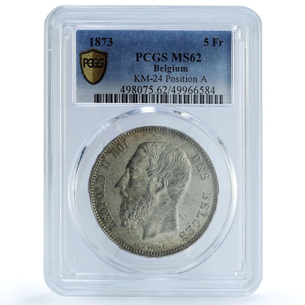 Belgium 5 francs Leopold II Coinage Position A KM-24 MS62 PCGS silver coin 1873