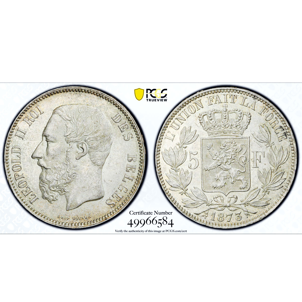 Belgium 5 francs Leopold II Coinage Position A KM-24 MS62 PCGS silver coin 1873