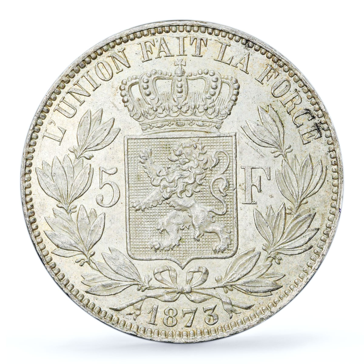 Belgium 5 francs Leopold II Coinage Position A KM-24 MS62 PCGS silver coin 1873