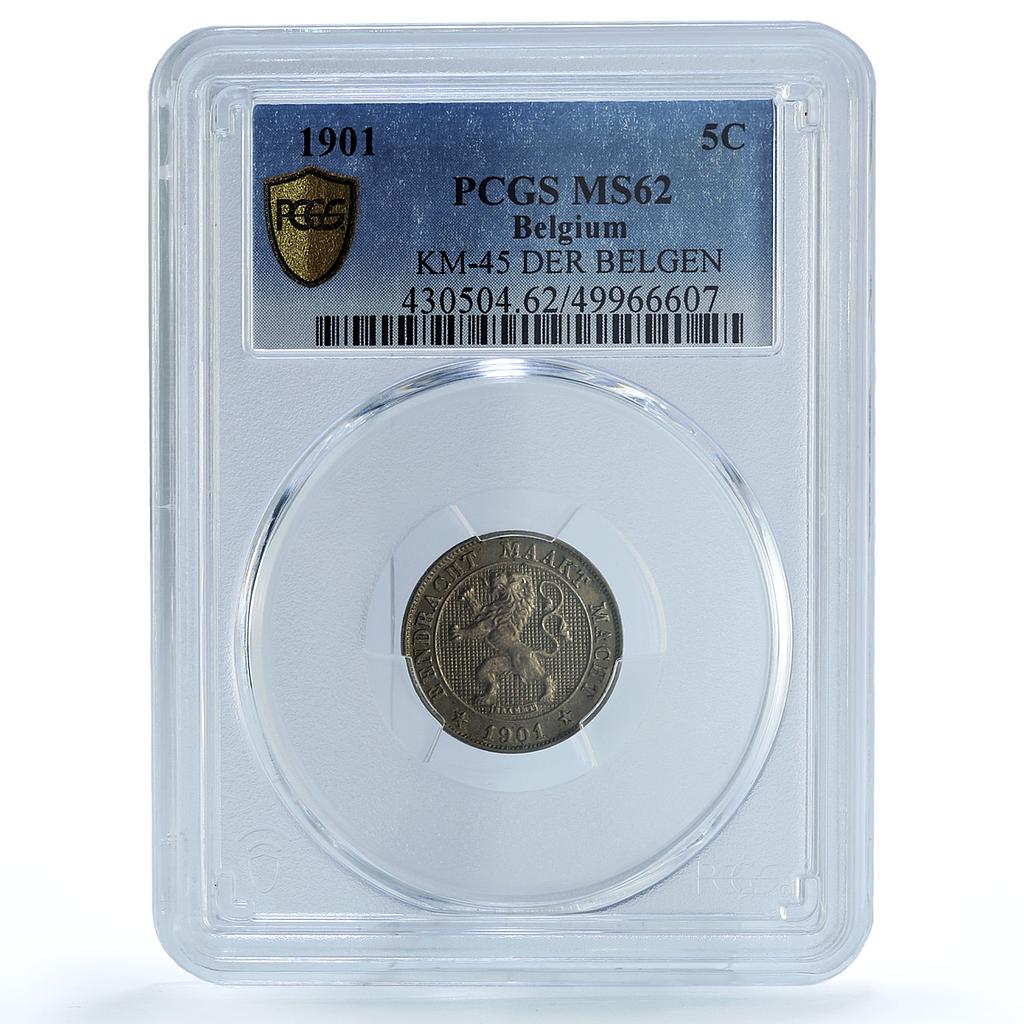 Belgium 5 centimes Leopold II Dutch Text Der Belgen MS62 PCGS CuNi coin 1901