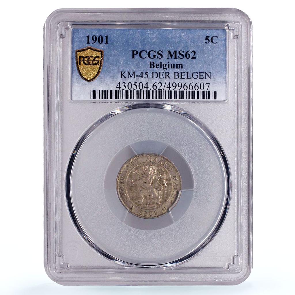 Belgium 5 centimes Leopold II Dutch Text Der Belgen MS62 PCGS CuNi coin 1901