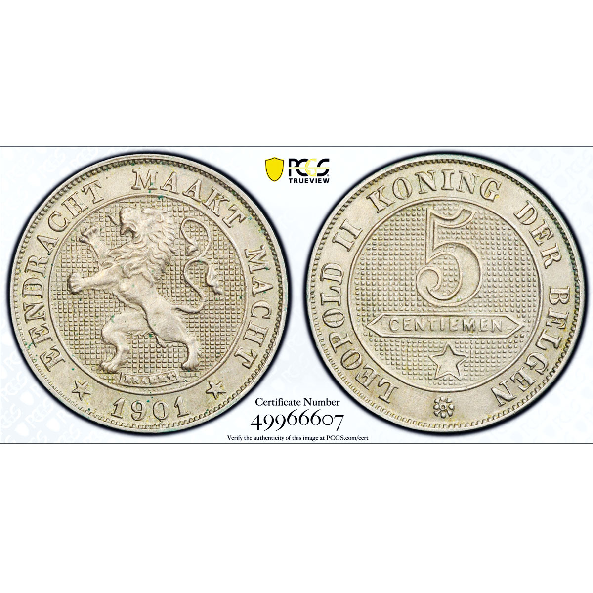 Belgium 50 centimes Leopold II Dutch Text Der Belgen MS62 PCGS silver coin 1901