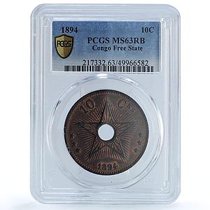 Belgium Congo Free State 10 centimes Leopold II Star MS63 PCGS copper coin 1894