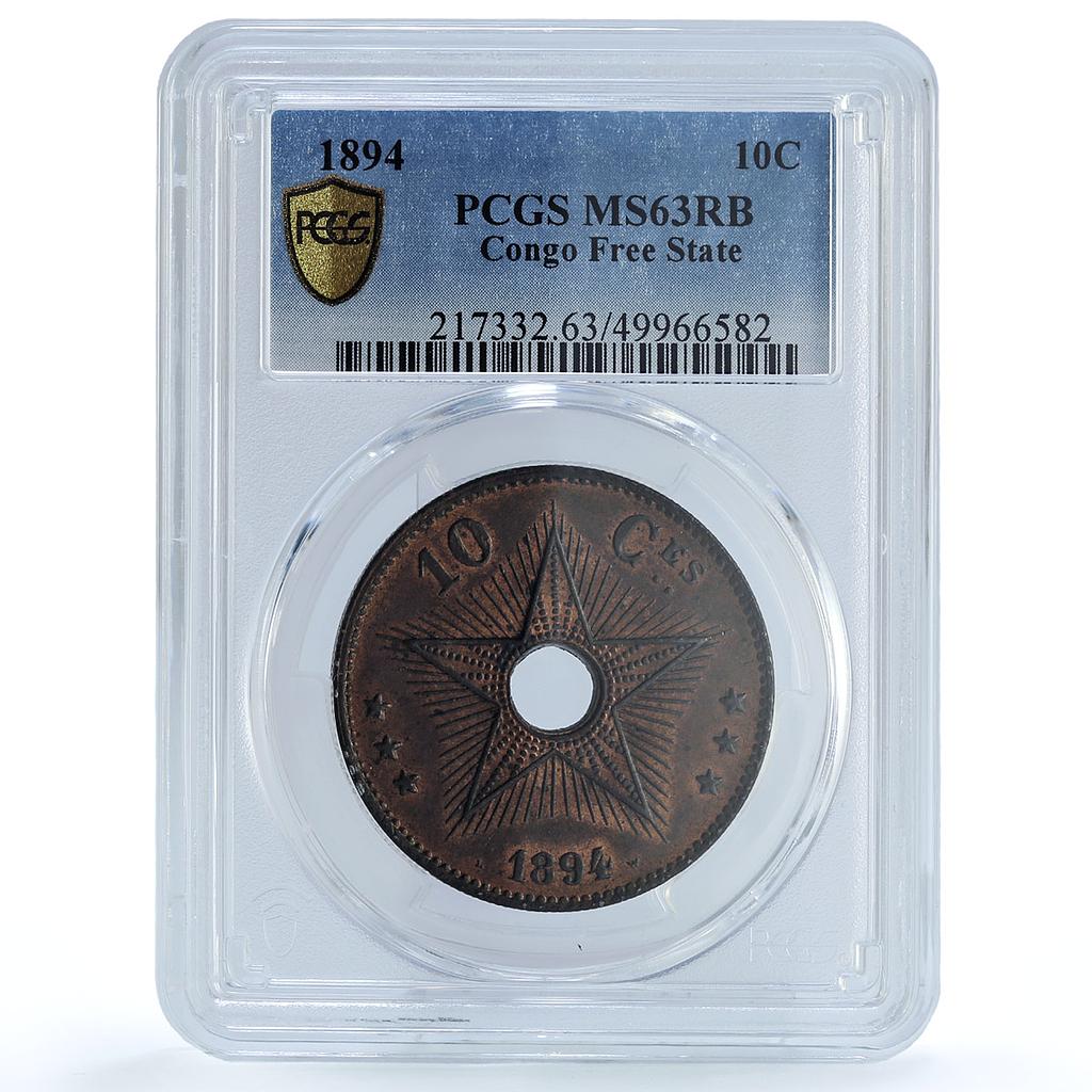 Belgium Congo Free State 10 centimes Leopold II Star MS63 PCGS copper coin 1894 Belgium Congo Free State 10 centimes Leopold II Star MS63 PCGS copper coin 1894
