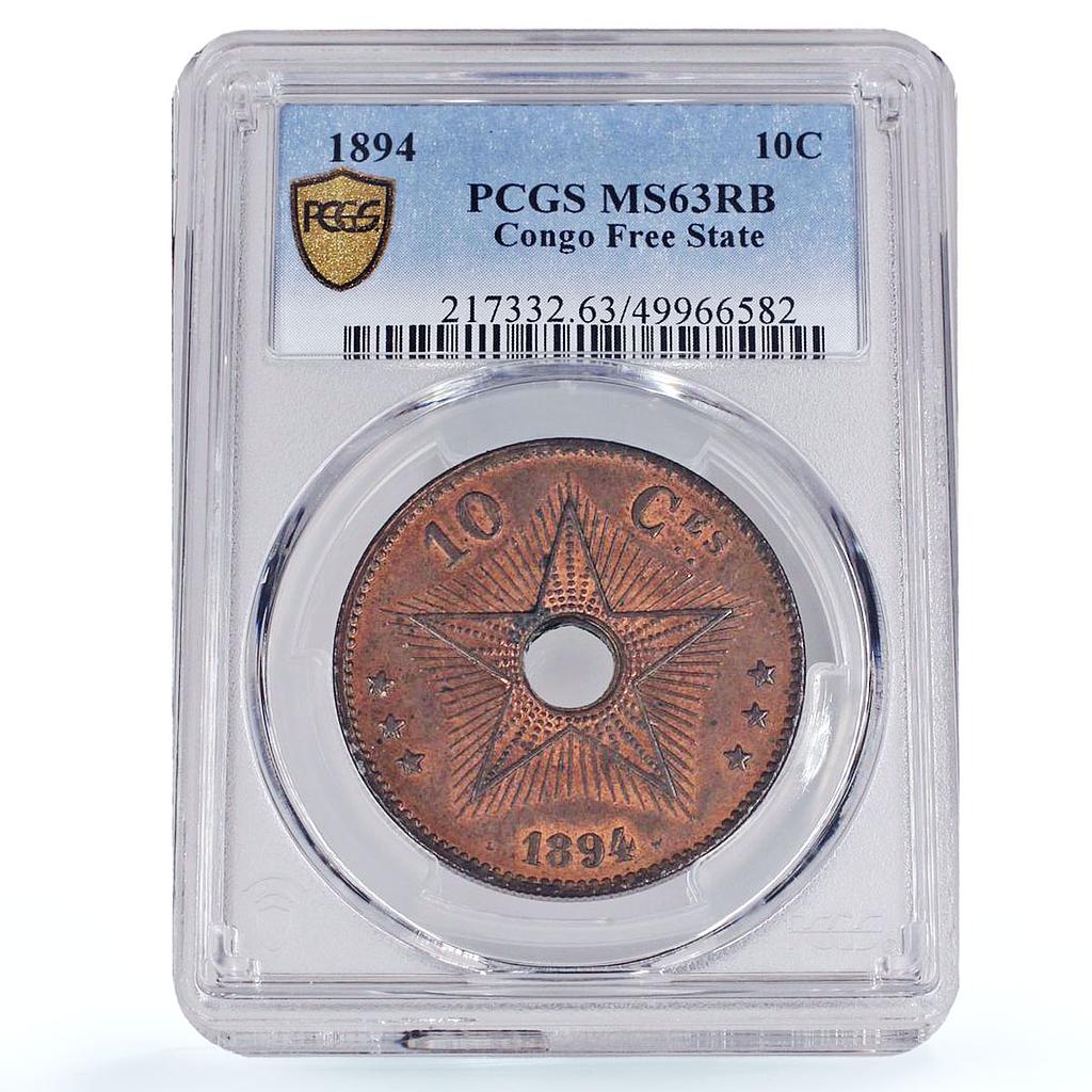 Belgium Congo Free State 10 centimes Leopold II Star MS63 PCGS copper coin 1894
