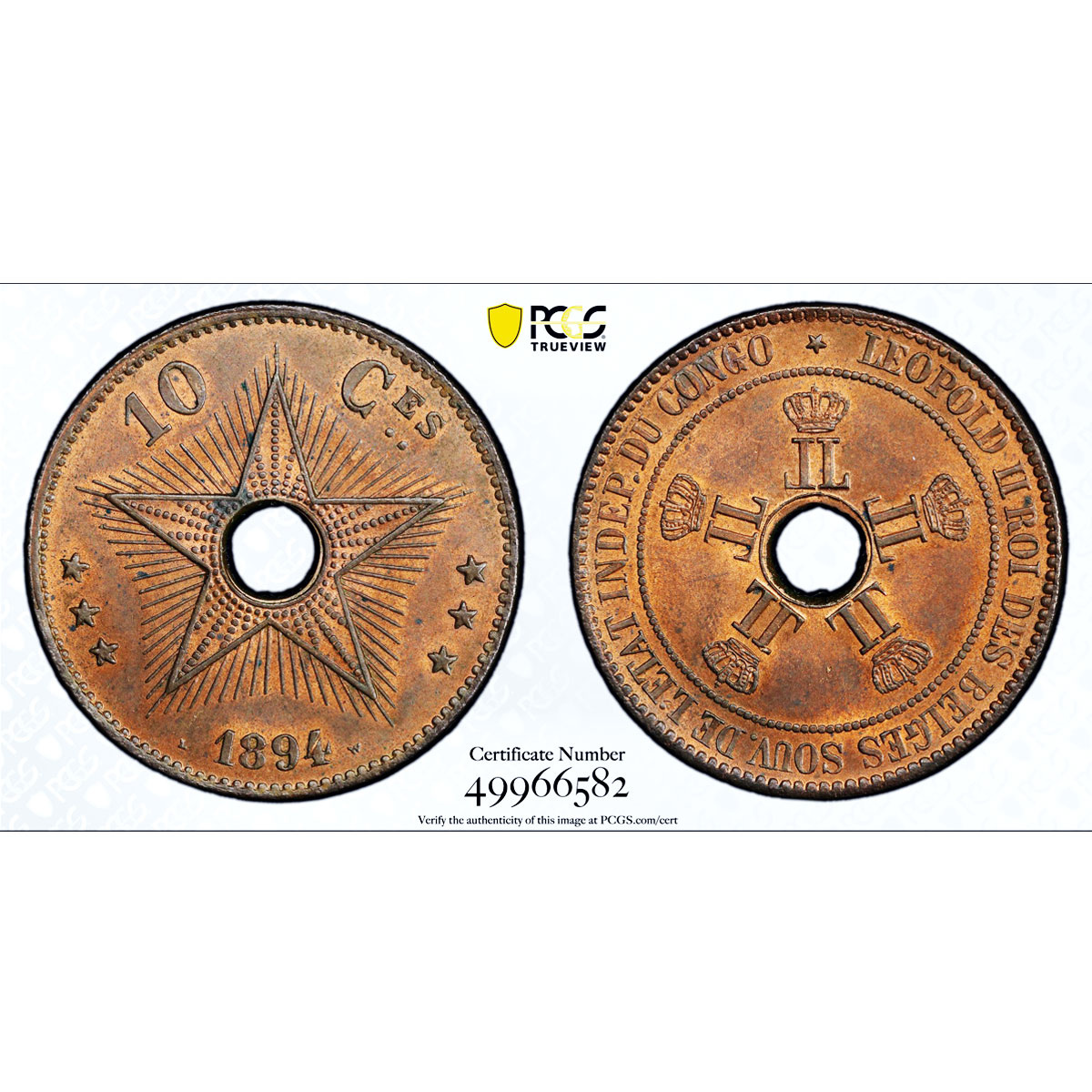 Belgium Congo Free State 10 centimes Leopold II Star MS63 PCGS copper coin 1894