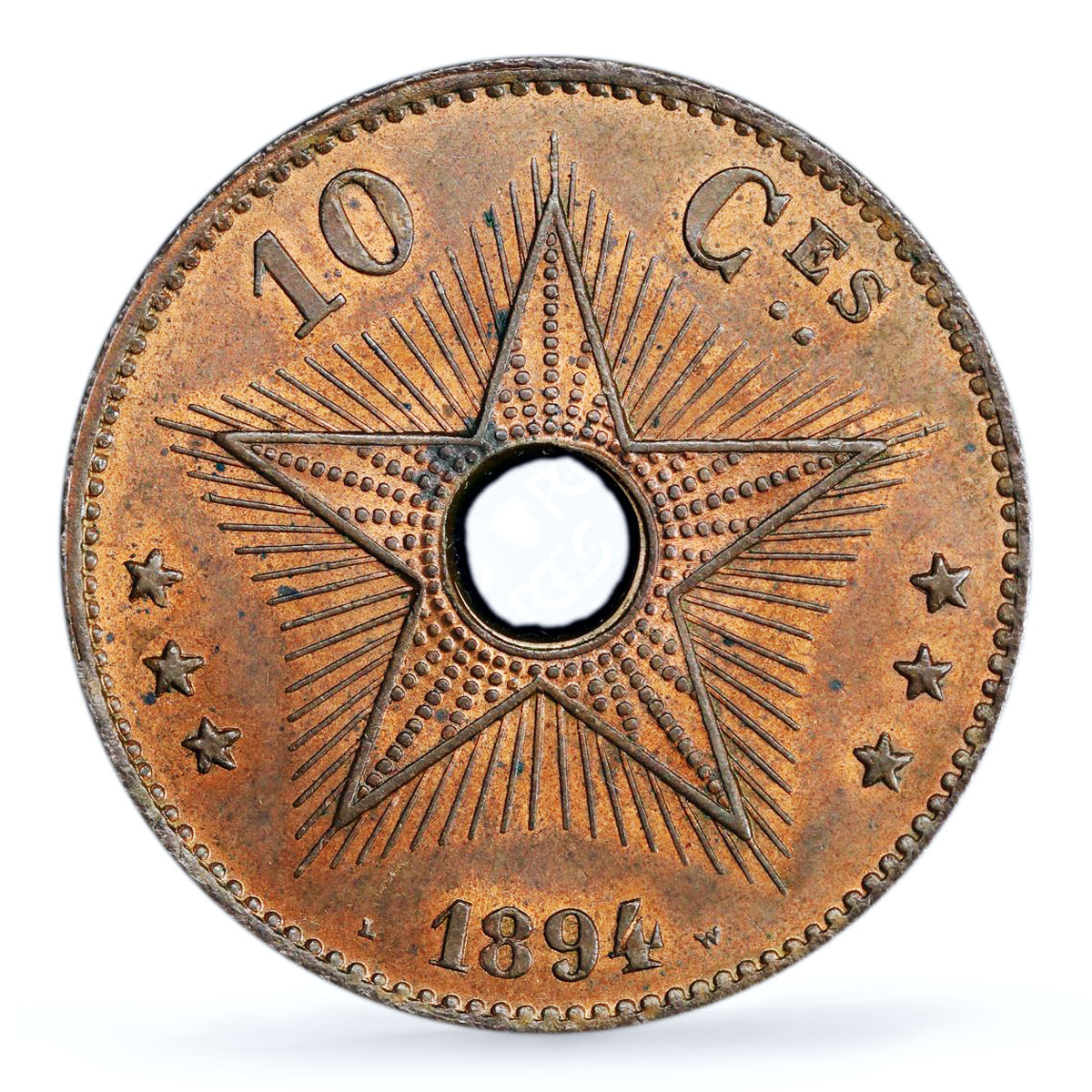 Belgium Congo Free State 10 centimes Leopold II Star MS63 PCGS copper coin 1894