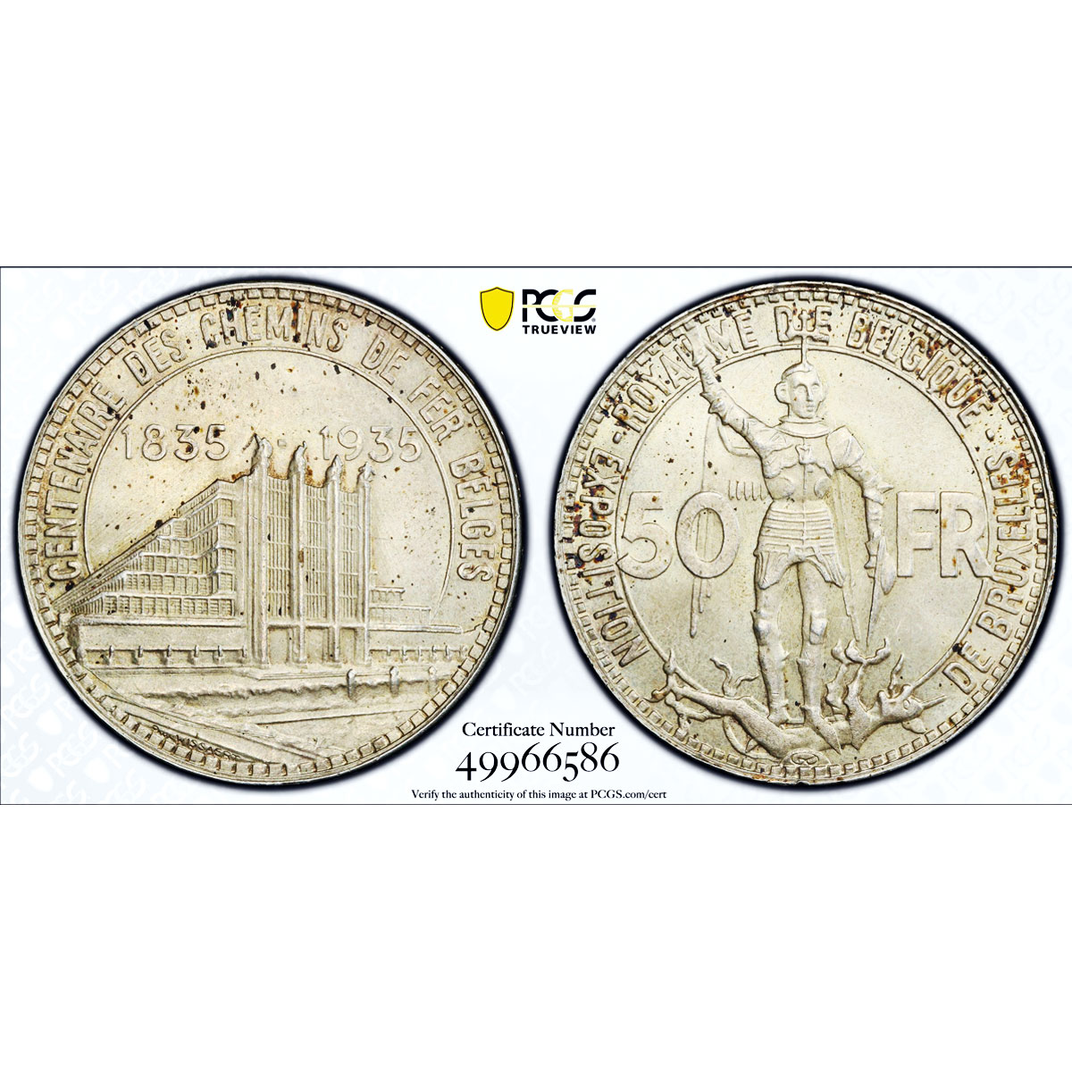 Belgium 50 francs Brussels Expo Railways KM-106.1 MS64 PCGS silver coin 1935