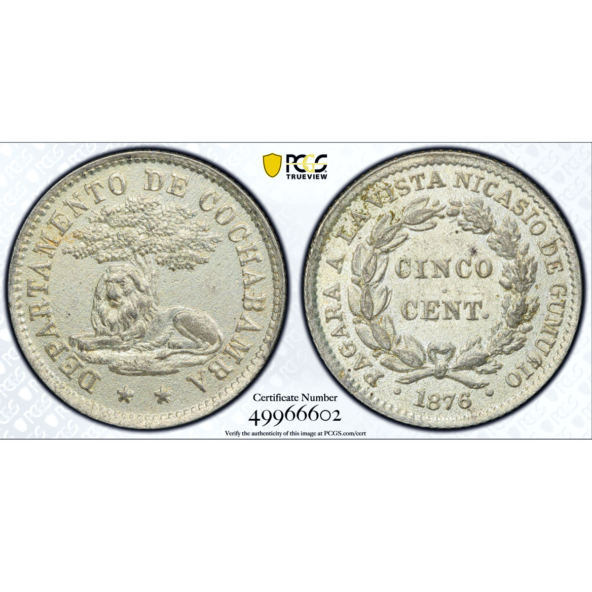 Bolivia 5 centavos Cochabamba Coinage Lion under Tree MS62 PCGS CuNi coin 1876