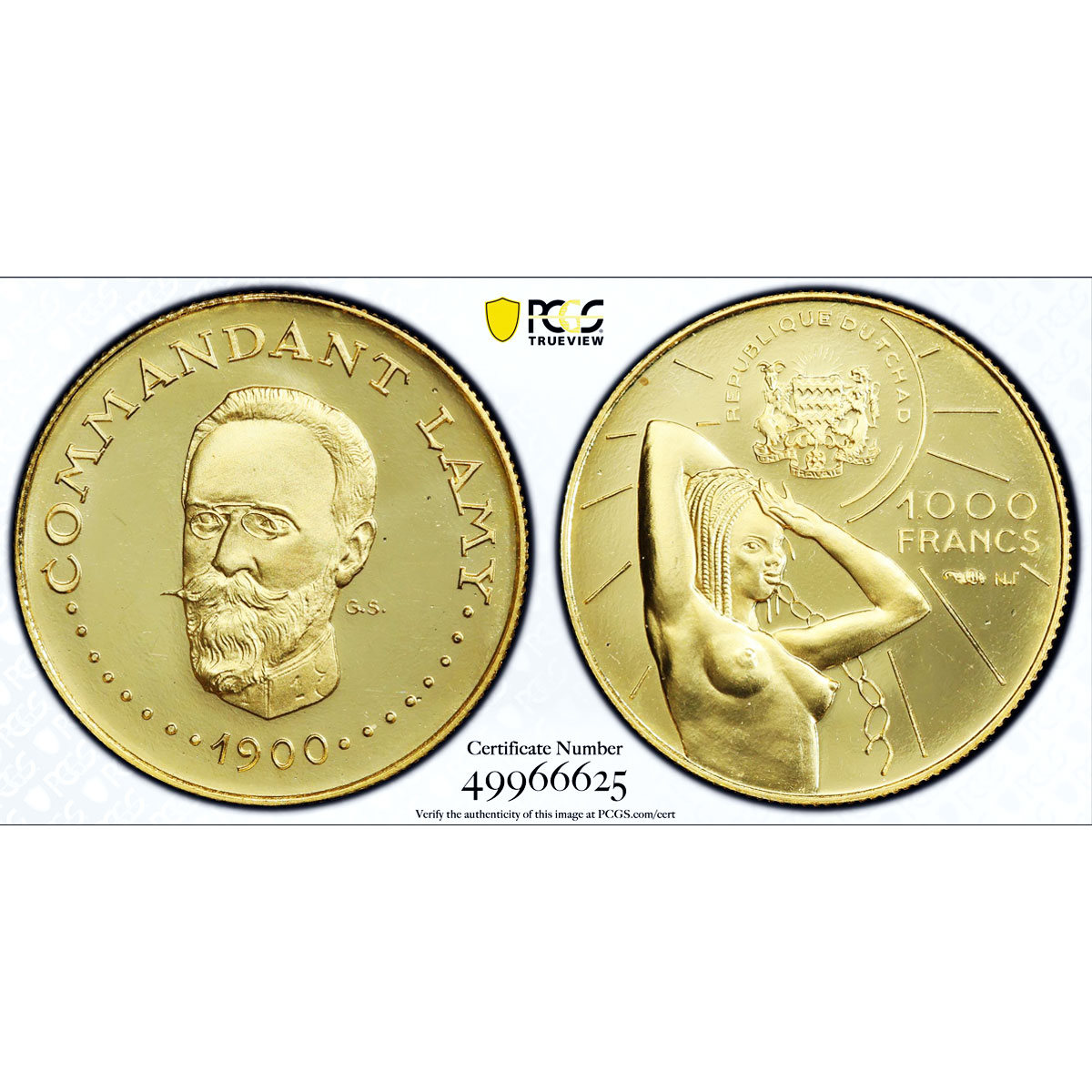Chad 1000 francs Independence Lamy Politics &quot;1900&quot; PR68 PCGS gold coin 1970