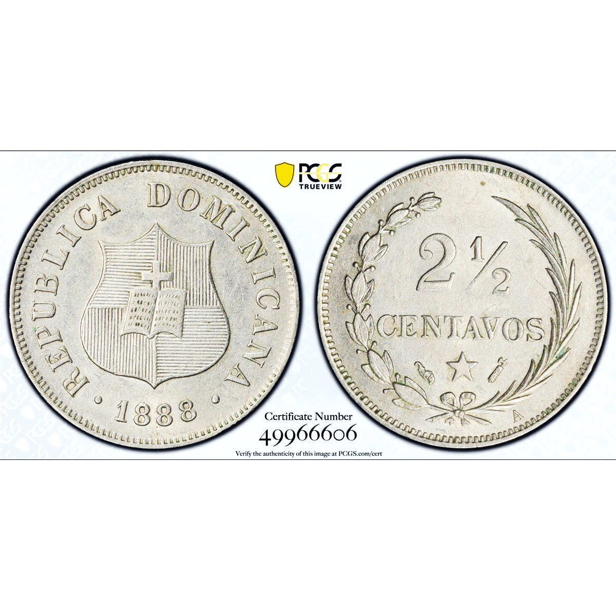 Dominican Republic 2 1/2 centavos Small Date Mark A KM-7 AU58 PCGS coin 1888