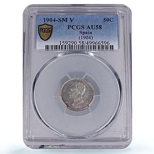 Spain 50 centimos King Alfonso XIII Coinage Mark SMV AU58 PCGS silver coin 1904