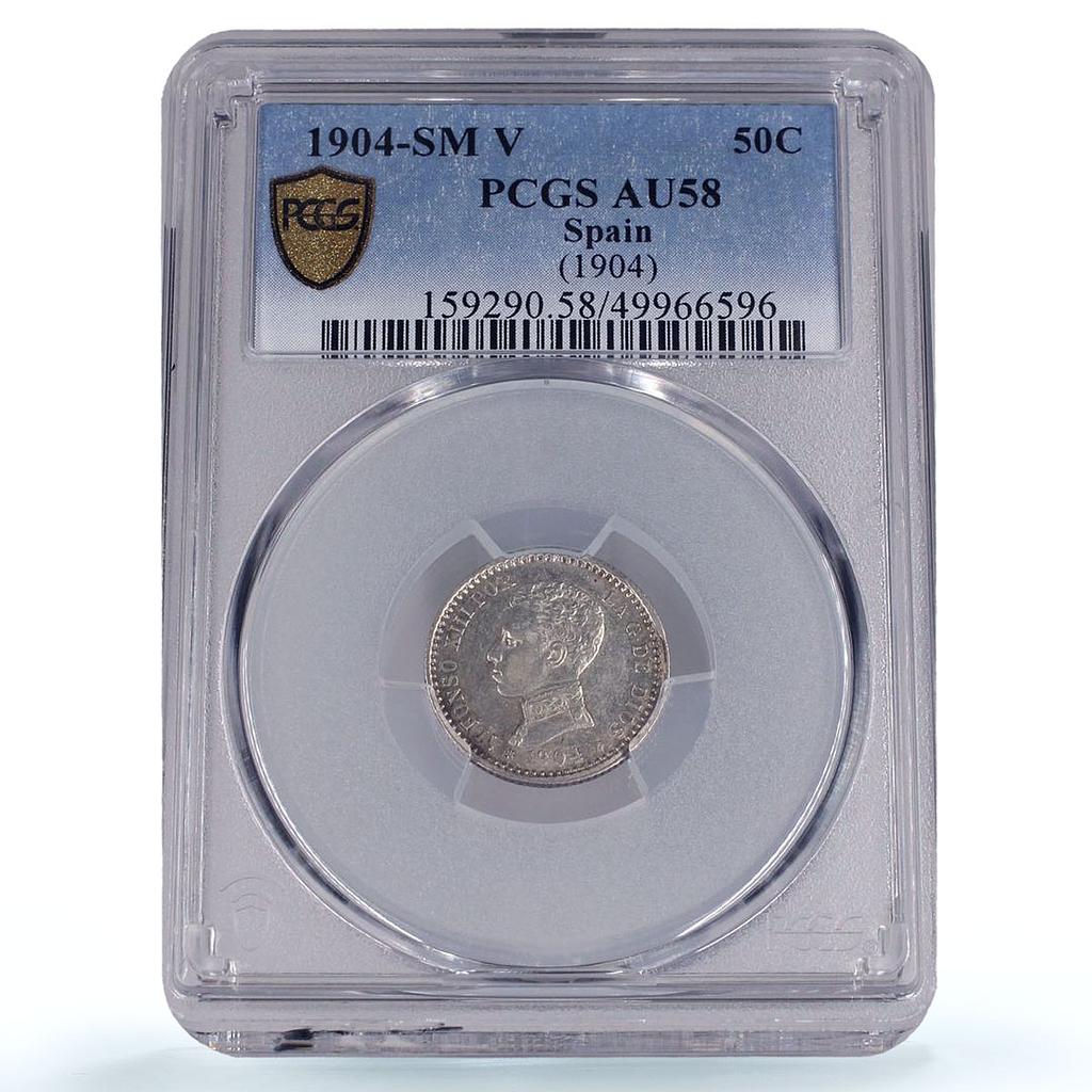 Spain 50 centimos King Alfonso XIII Coinage Mark SMV AU58 PCGS silver coin 1904