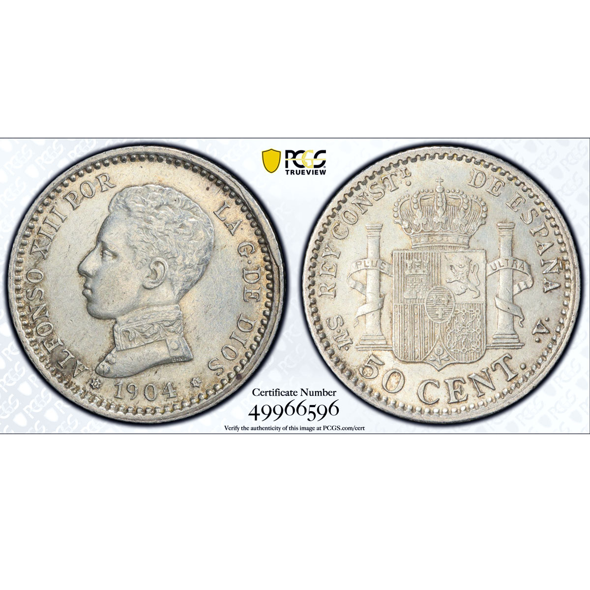 Spain 50 centimos King Alfonso XIII Coinage Mark SMV AU58 PCGS silver coin 1904