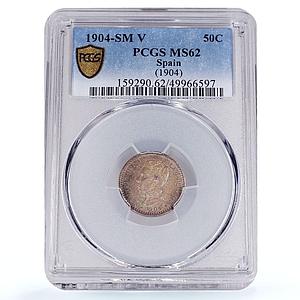 Spain 50 centimos King Alfonso XIII Coinage Mark SMV MS62 PCGS silver coin 1904