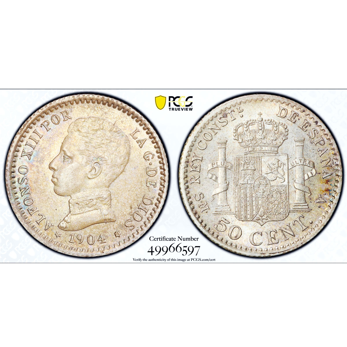 Spain 50 centimos King Alfonso XIII Coinage Mark SMV MS62 PCGS silver coin 1904