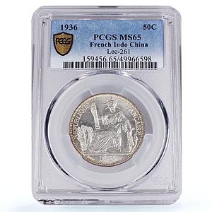 France French Indochina 50 cents Seated Marianne MS65 PCGS silver coin 1936