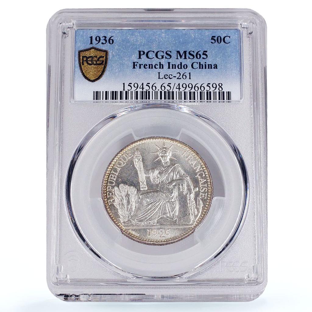 France French Indochina 50 cents Seated Marianne MS65 PCGS silver coin 1936