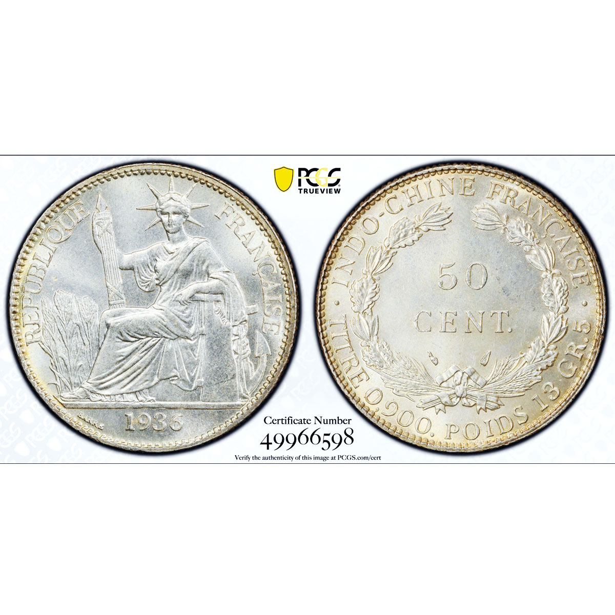 France French Indochina 50 cents Seated Marianne MS65 PCGS silver coin 1936