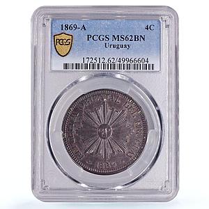Uruguay 4 centesimos Oriental Republic Coinage Sun MS62 PCGS bronze coin 1869