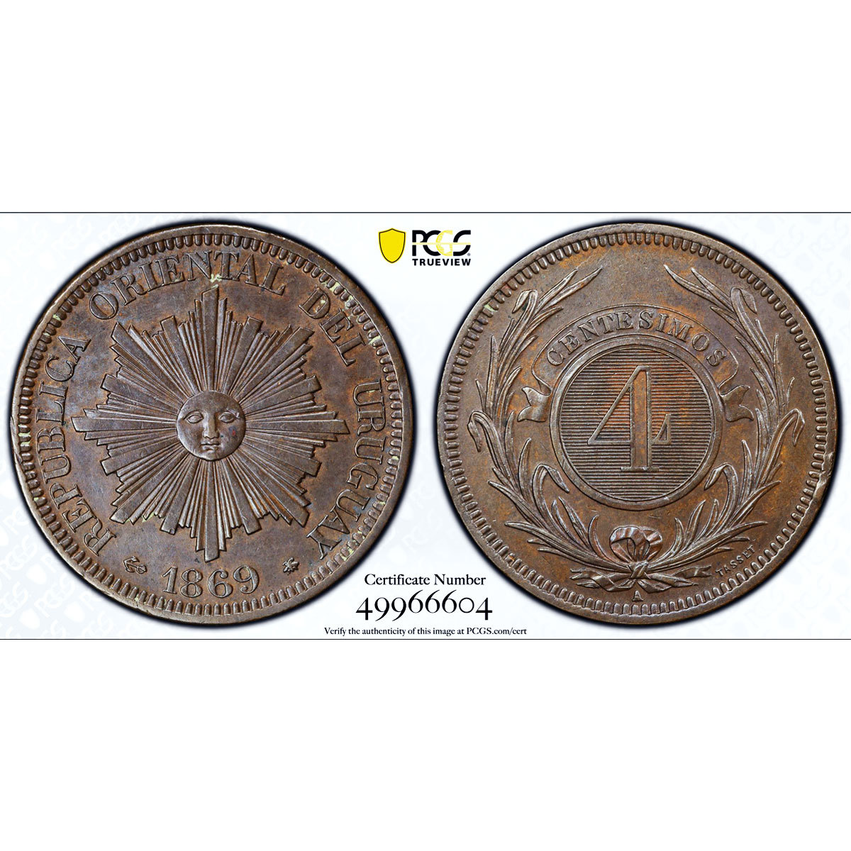 Uruguay 4 centesimos Oriental Republic Coinage Sun MS62 PCGS bronze coin 1869