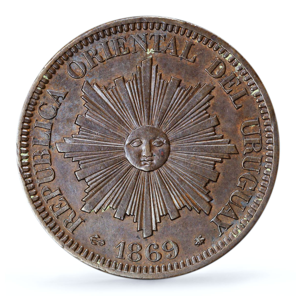 Uruguay 4 centesimos Oriental Republic Coinage Sun MS62 PCGS bronze coin 1869