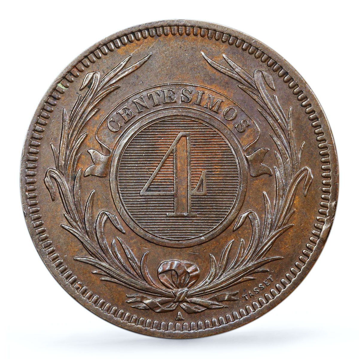 Uruguay 4 centesimos Oriental Republic Coinage Sun MS62 PCGS bronze coin 1869