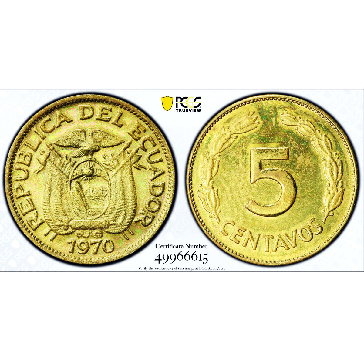 Ecuador 5 centavos Republic Coinage PATTERN TRIAL KM-PnA13 SP64 PCGS coin 1970