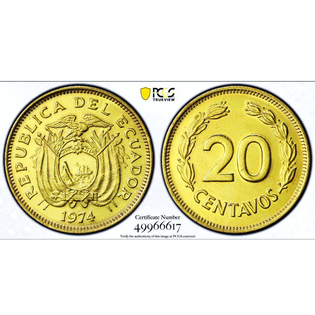 Ecuador 20 centavos Republic Coinage PATTERN TRIAL KM-Pn13 SP64 PCGS coin 1974