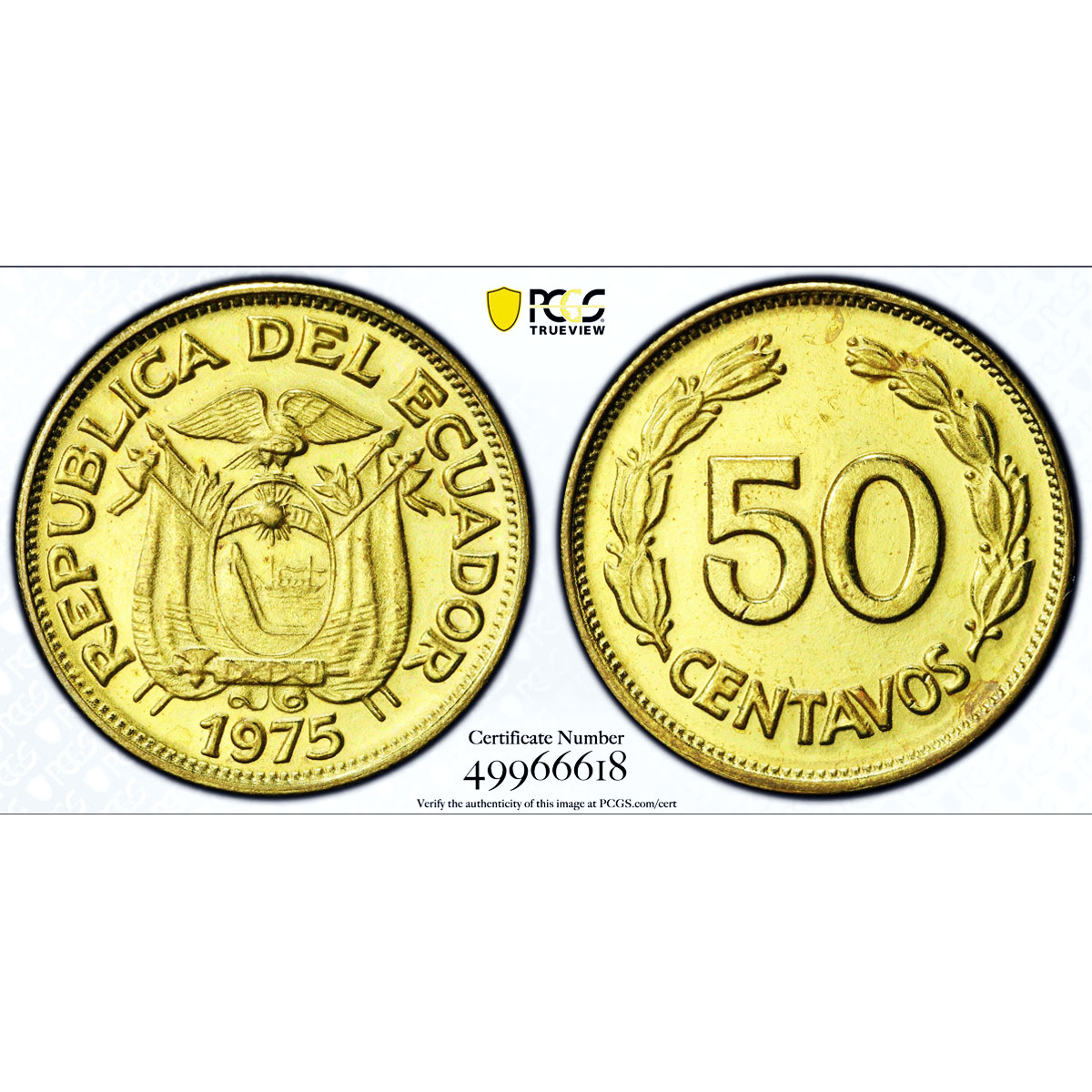 Ecuador 50 centavos Republic Coinage PATTERN TRIAL KM-Pn14 SP64 PCGS coin 1975
