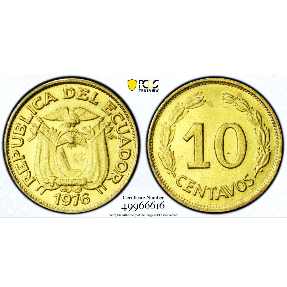 Ecuador 10 centavos Repubic Coinage PATTERN TRIAL KM-Pn16 SP64 PCGS coin 1976