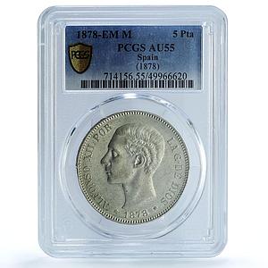 Spain 5 pesetas King Alfonso XII Coinage KM-676 AU55 PCGS silver coin 1878