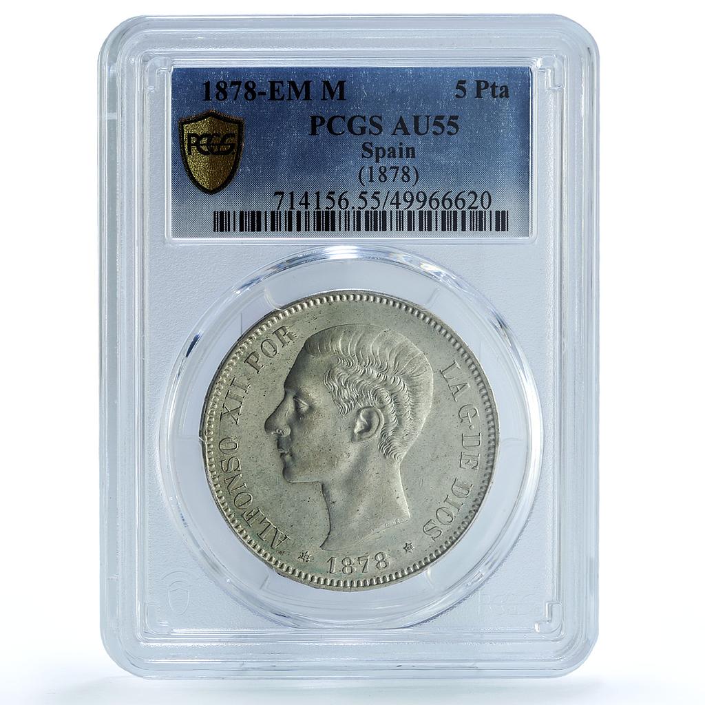 Spain 5 pesetas King Alfonso XII Coinage KM-676 AU55 PCGS silver coin 1878 Spain 5 pesetas King Alfonso XII Coinage KM-676 AU55 PCGS silver coin 1878
