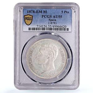 Spain 5 pesetas King Alfonso XII Coinage KM-676 AU55 PCGS silver coin 1878