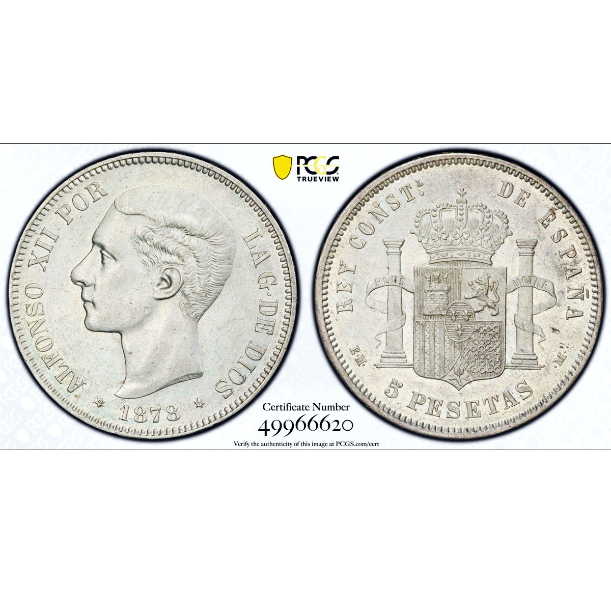 Spain 5 pesetas King Alfonso XII Coinage KM-676 AU55 PCGS silver coin 1878